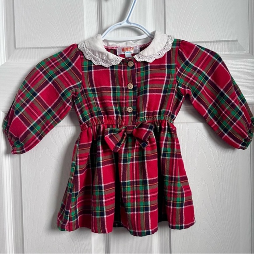 Vintage Monkey Bars Kids Dress 18M Plaid collared Red green knot tie